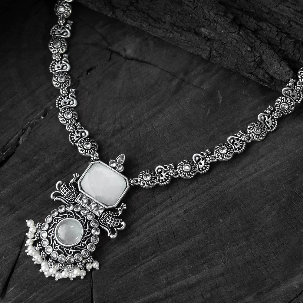 Light grey - saanjh bela peacock oxidised necklace set