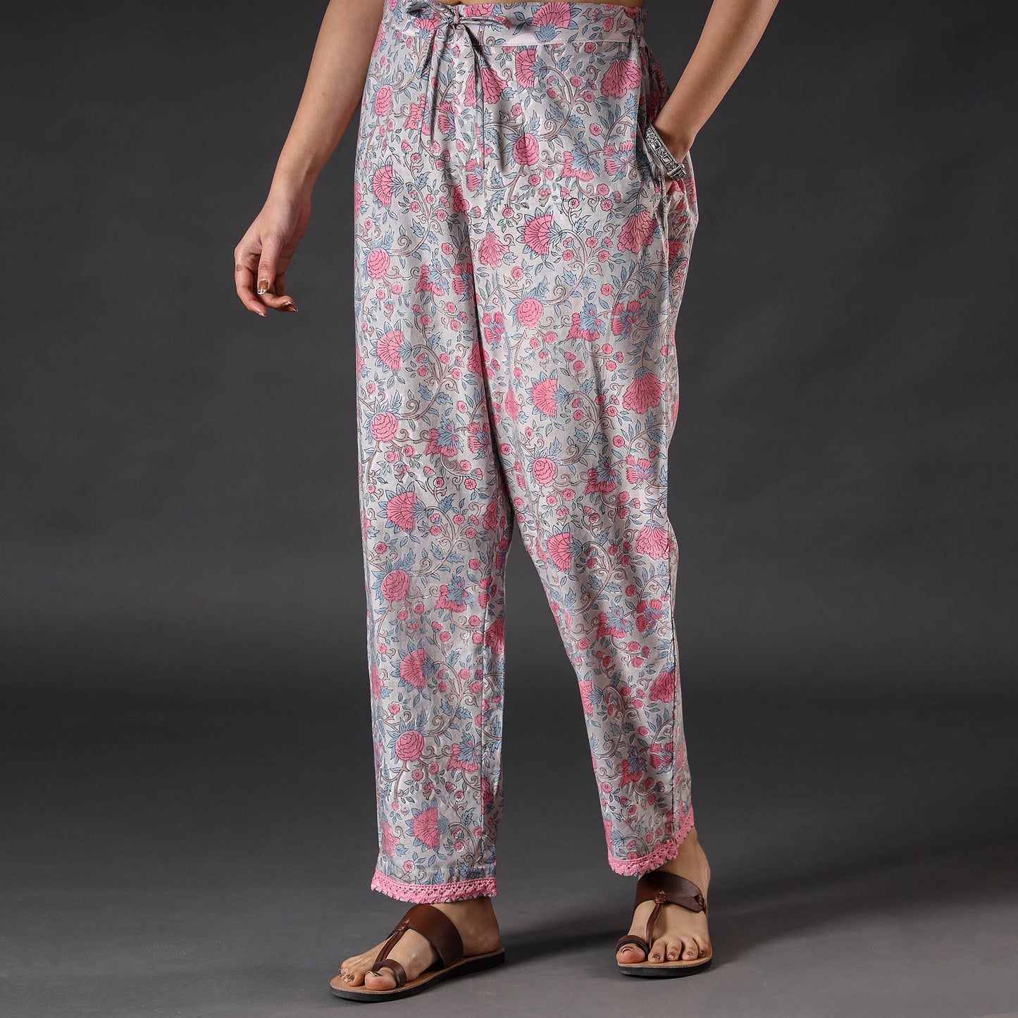Light Grey Sanganeri Block Floral Printed Cotton Pant
