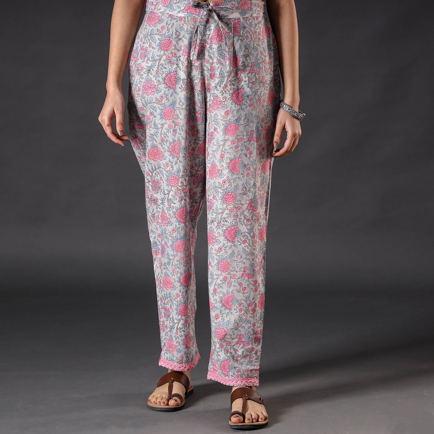 Light Grey Sanganeri Block Floral Printed Cotton Pant