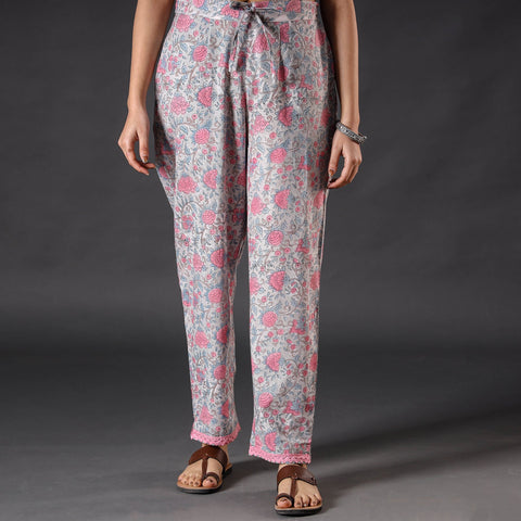 Light Grey Sanganeri Block Floral Printed Cotton Pant
