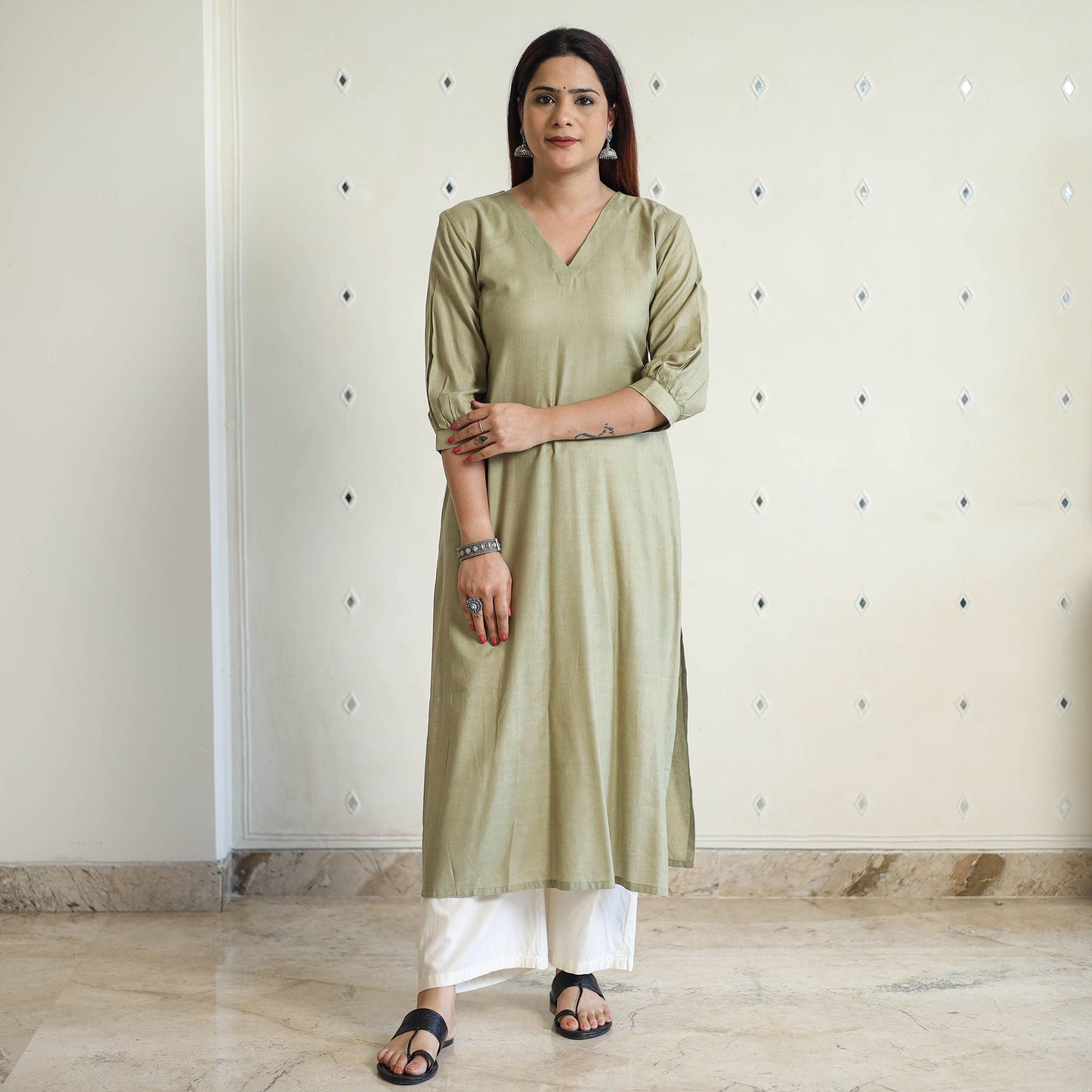 Light olive green - linen viscose plain long straight kurta