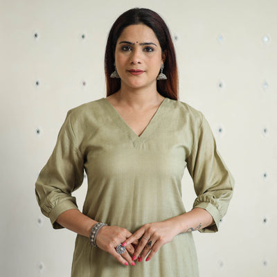 Light olive green - linen viscose plain long straight kurta
