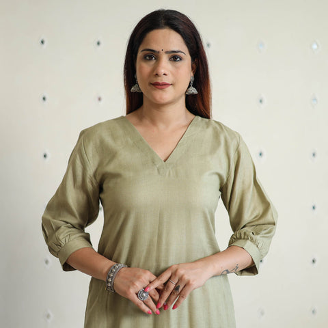 Light olive green - linen viscose plain long straight kurta