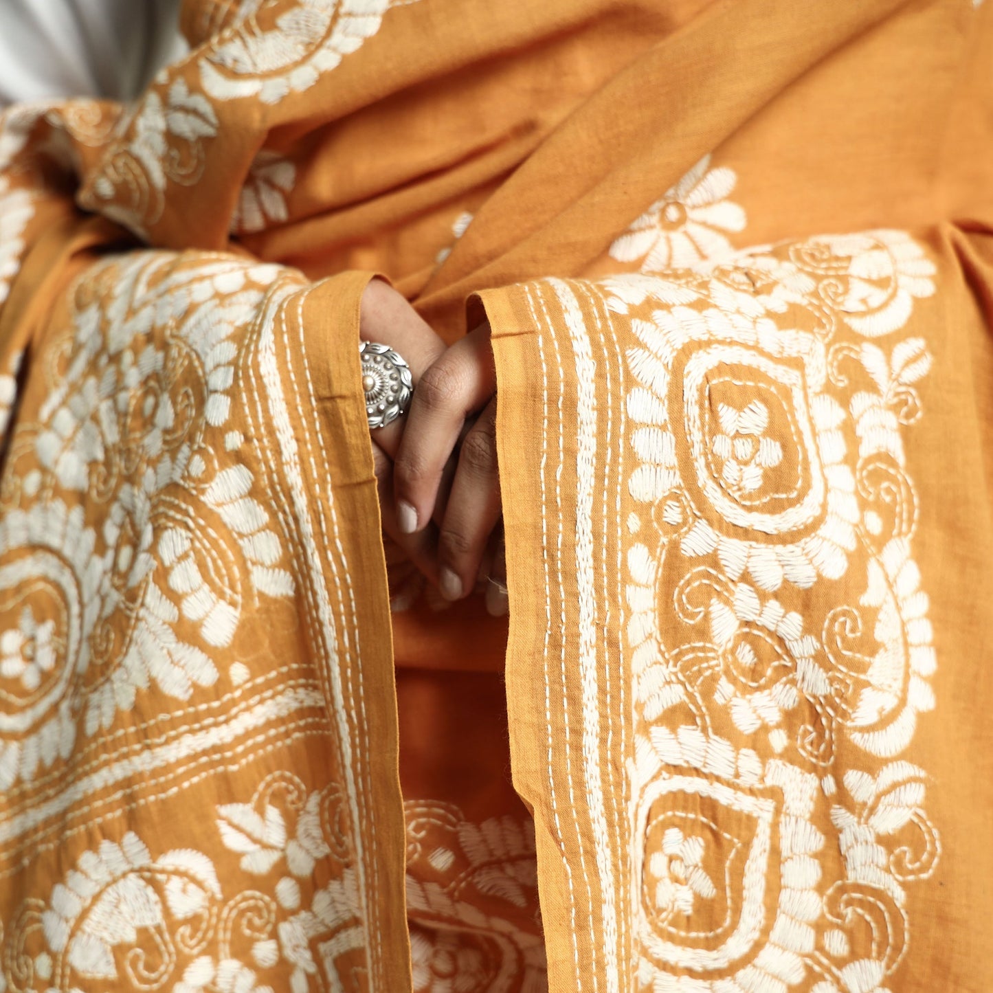 Light Orange Bolpur Kantha Embroidery Cotton Handloom Dupatta