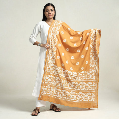 Light Orange Bolpur Kantha Embroidery Cotton Handloom Dupatta