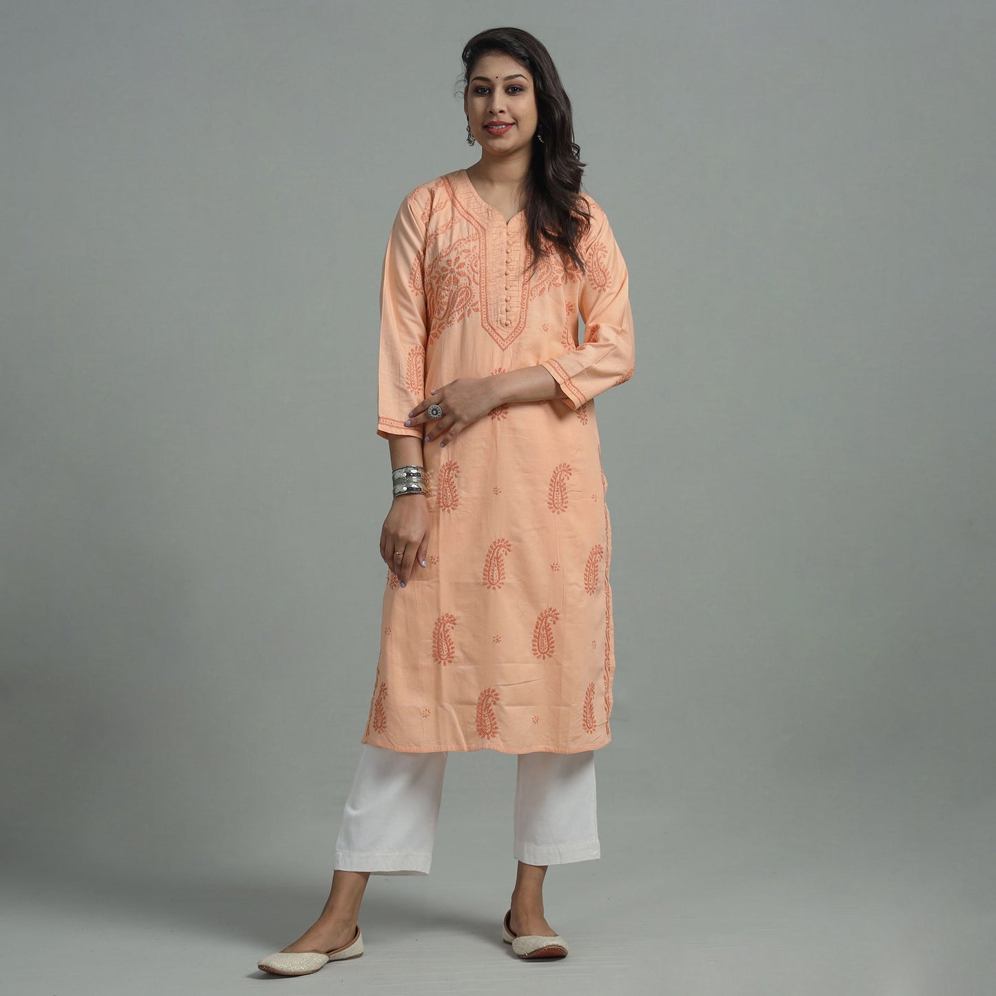 Light Orange Chikankari Hand Embroidered Cotton Long Kurta for Women