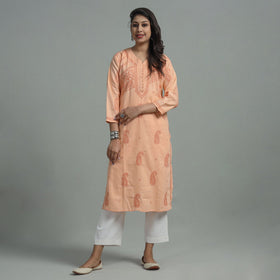 Light Orange Chikankari Hand Embroidered Cotton Long Kurta for Women