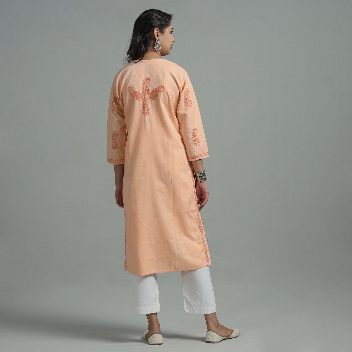 Light Orange Chikankari Hand Embroidered Cotton Long Kurta for Women