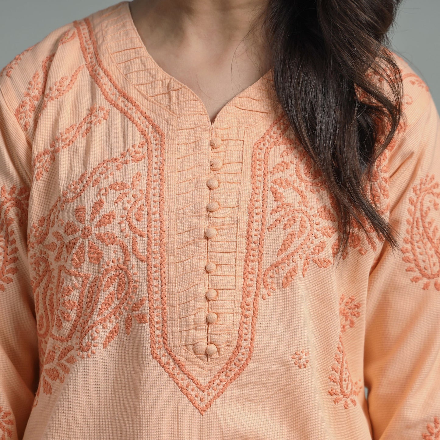 Light Orange Chikankari Hand Embroidered Cotton Long Kurta for Women
