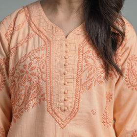Light Orange Chikankari Hand Embroidered Cotton Long Kurta for Women