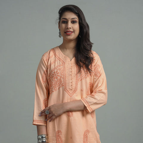 Light Orange Chikankari Hand Embroidered Cotton Long Kurta for Women