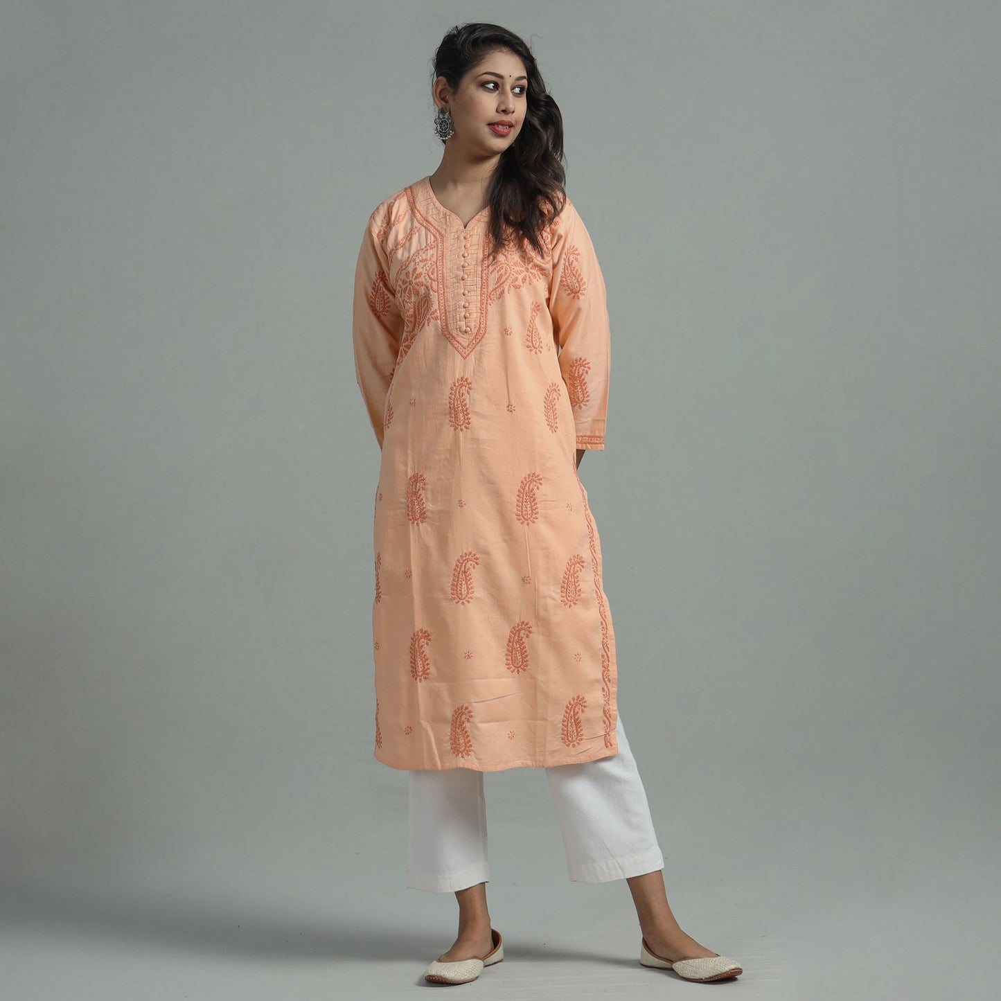 Light Orange Chikankari Hand Embroidered Cotton Long Kurta for Women
