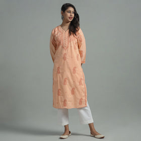 Light Orange Chikankari Hand Embroidered Cotton Long Kurta for Women