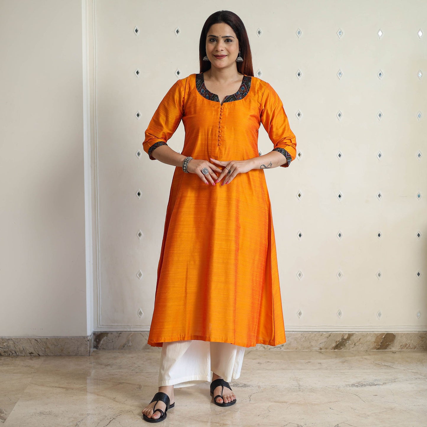  Plain Solid Slub Silk Long A-Line Kurta for Women