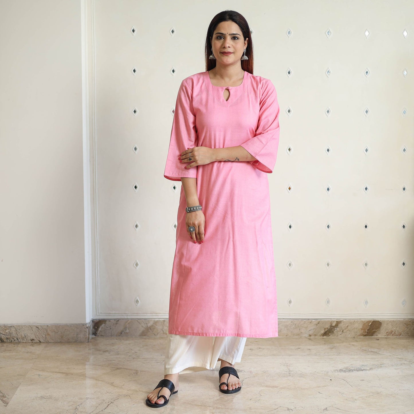 Light pink - linen viscose plain long straight kurta 42
