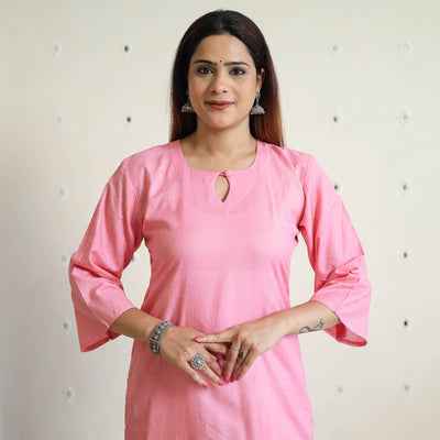 Light pink - linen viscose plain long straight kurta 42