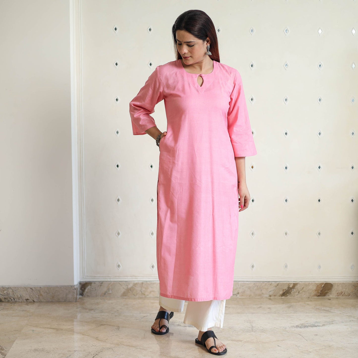 Light pink - linen viscose plain long straight kurta 42