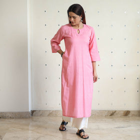 Light pink - linen viscose plain long straight kurta 42