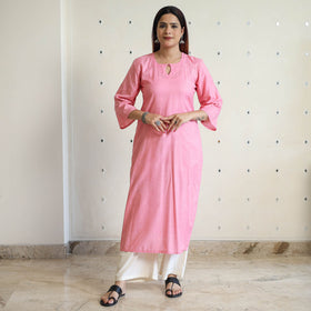 Light pink - linen viscose plain long straight kurta 42