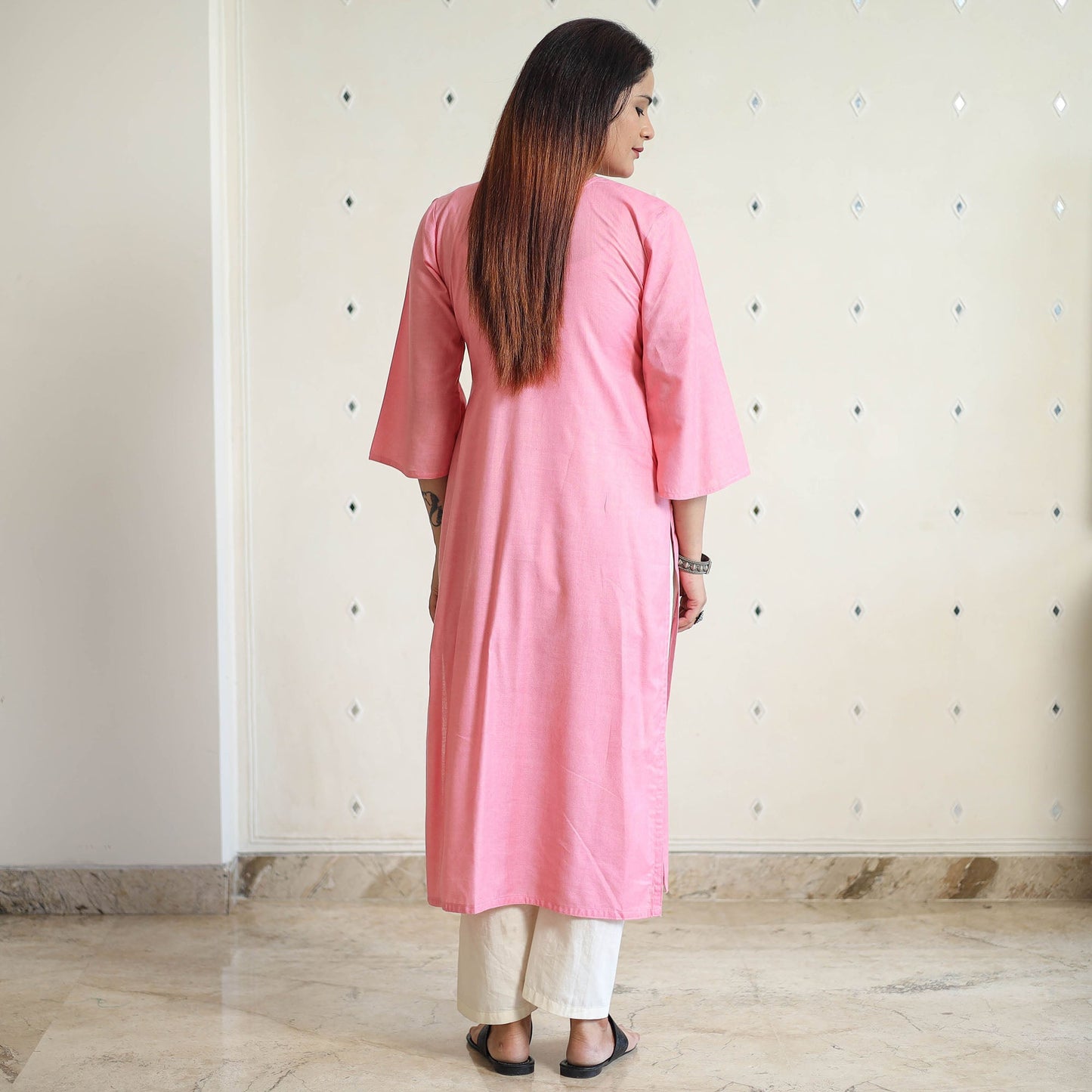 Light pink - linen viscose plain long straight kurta 42