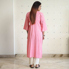 Light pink - linen viscose plain long straight kurta 42
