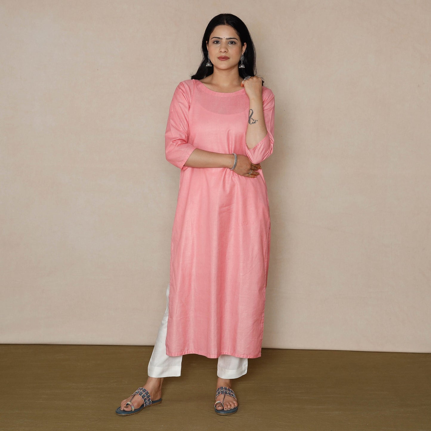 Buy Light Pink Linen Viscose Plain Long Kurta for Women