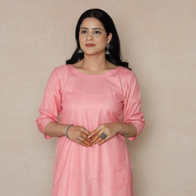 Buy Light Pink Linen Viscose Plain Long Kurta for Women