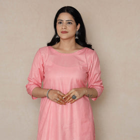 Buy Light Pink Linen Viscose Plain Long Kurta for Women