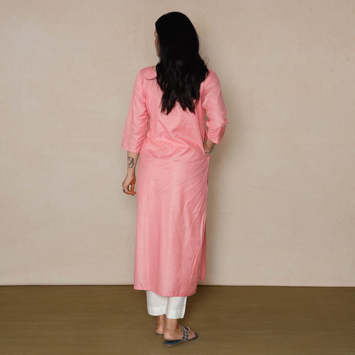 Buy Light Pink Linen Viscose Plain Long Kurta for Women