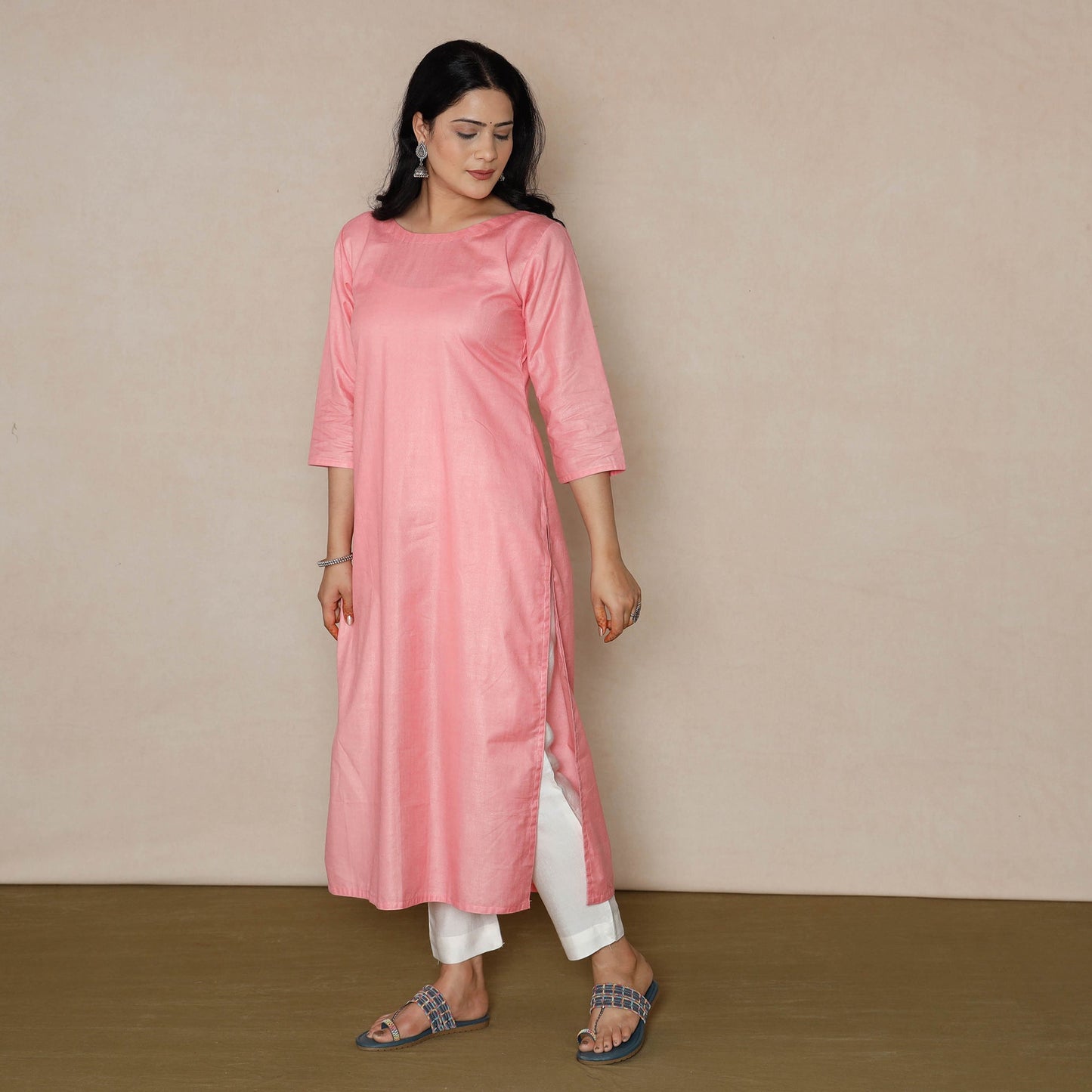 Buy Light Pink Linen Viscose Plain Long Kurta for Women