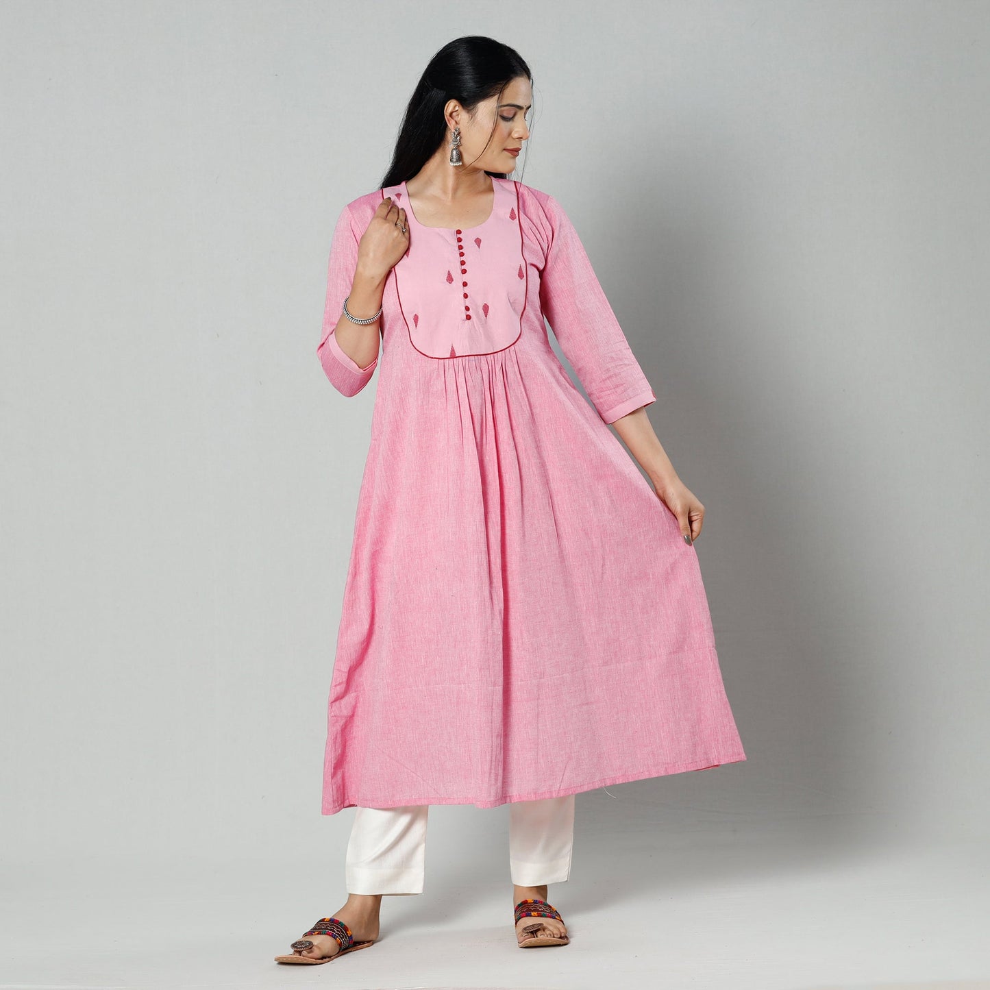 Light pink plain cotton long kurta - handcrafted