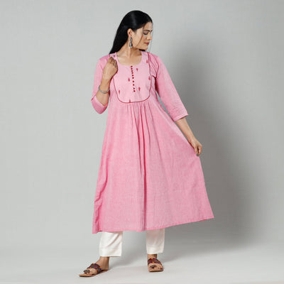 Light pink plain cotton long kurta - handcrafted