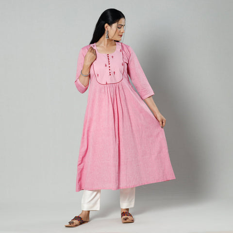 Light pink plain cotton long kurta - handcrafted