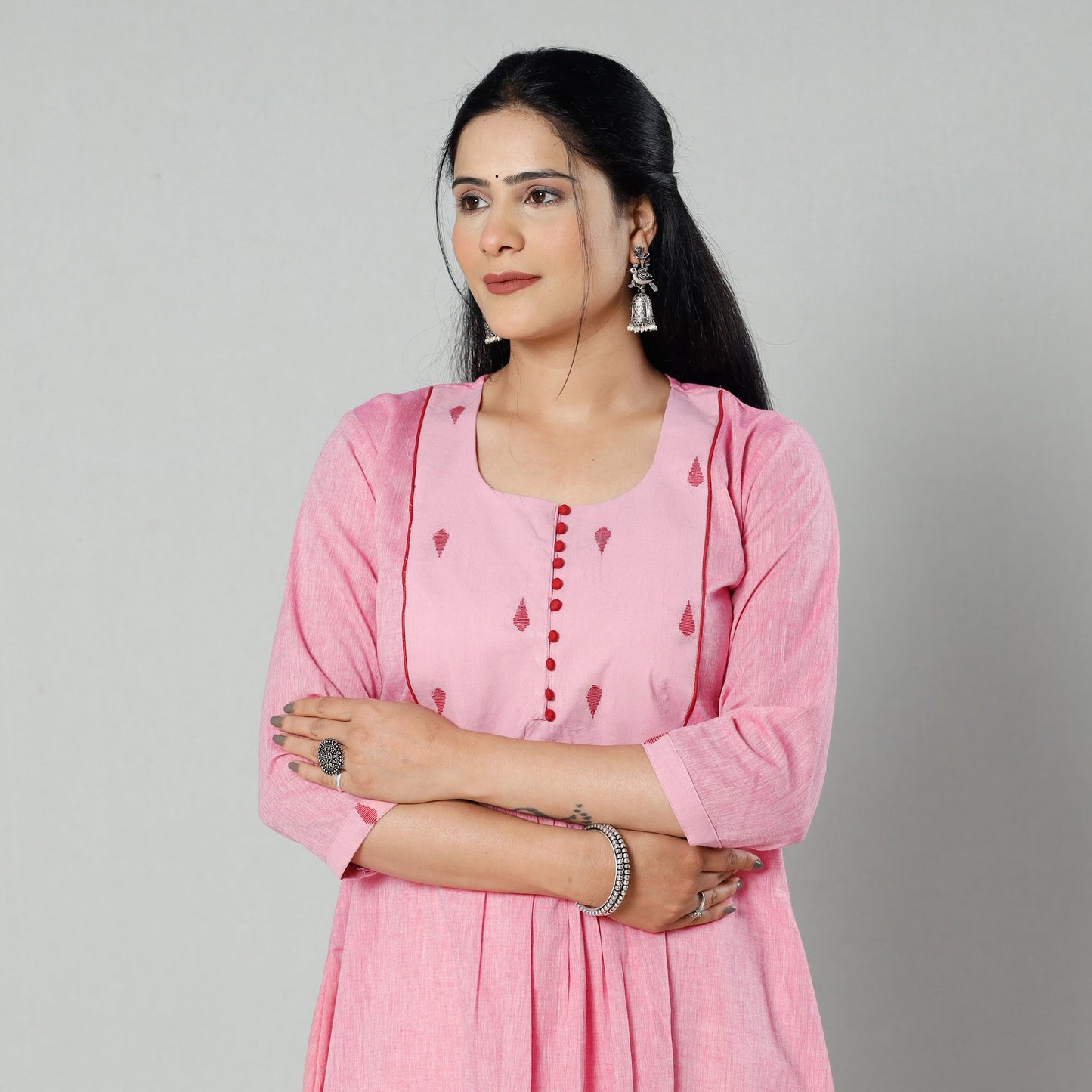 Light pink plain cotton long kurta - handcrafted