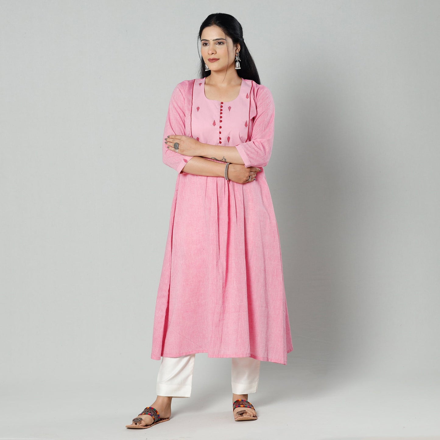 Light pink plain cotton long kurta - handcrafted