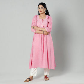 Light pink plain cotton long kurta - handcrafted