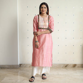  Plain Slub Silk Pintuck Long Straight Kurta with Ikat Patchwork 19 