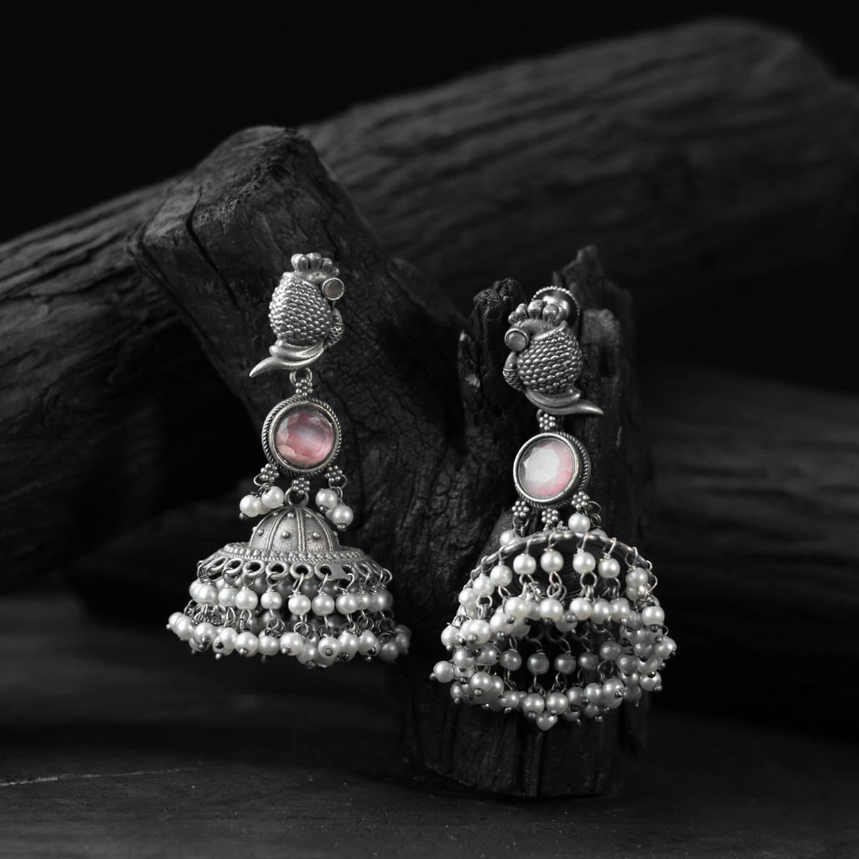 Light pink - saanjh bela peacock oxidised earrings