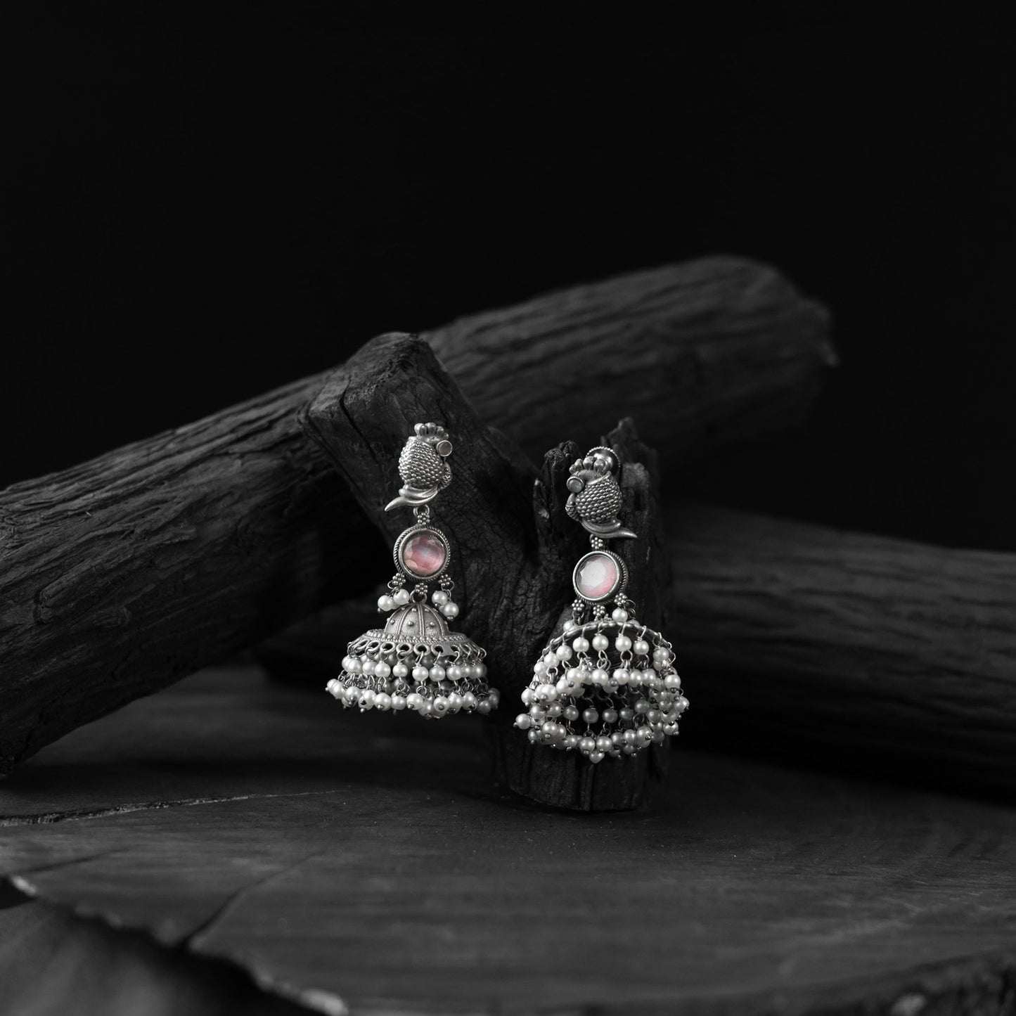 Light pink - saanjh bela peacock oxidised earrings