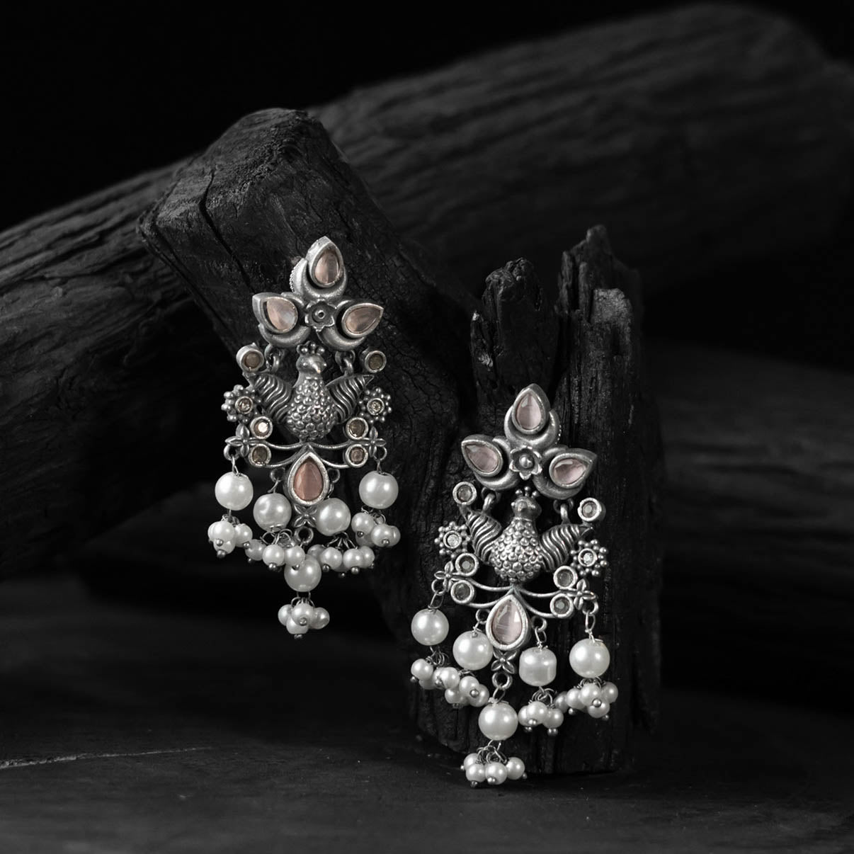 Light pink - saanjh bela peacock pearls oxidised earrings