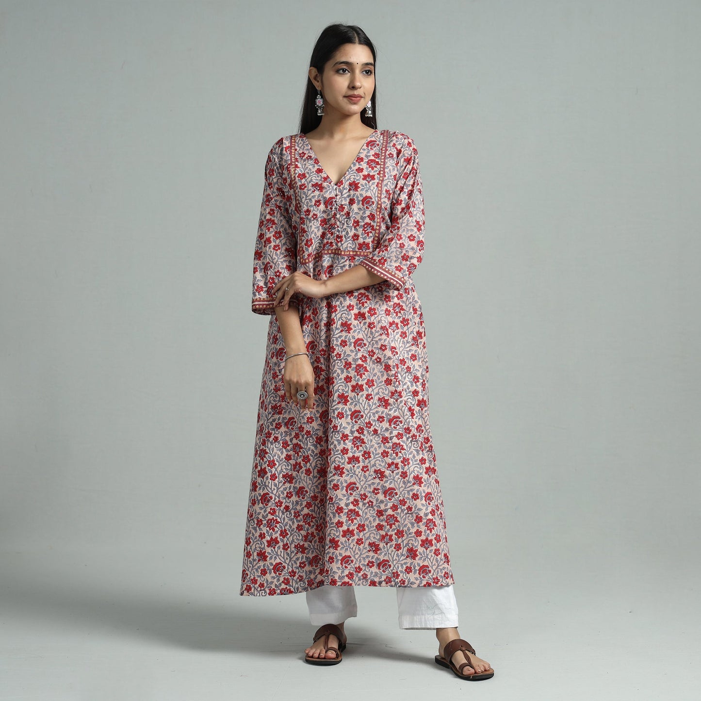 Light pink - sanganeri block printed cotton a-line kurta