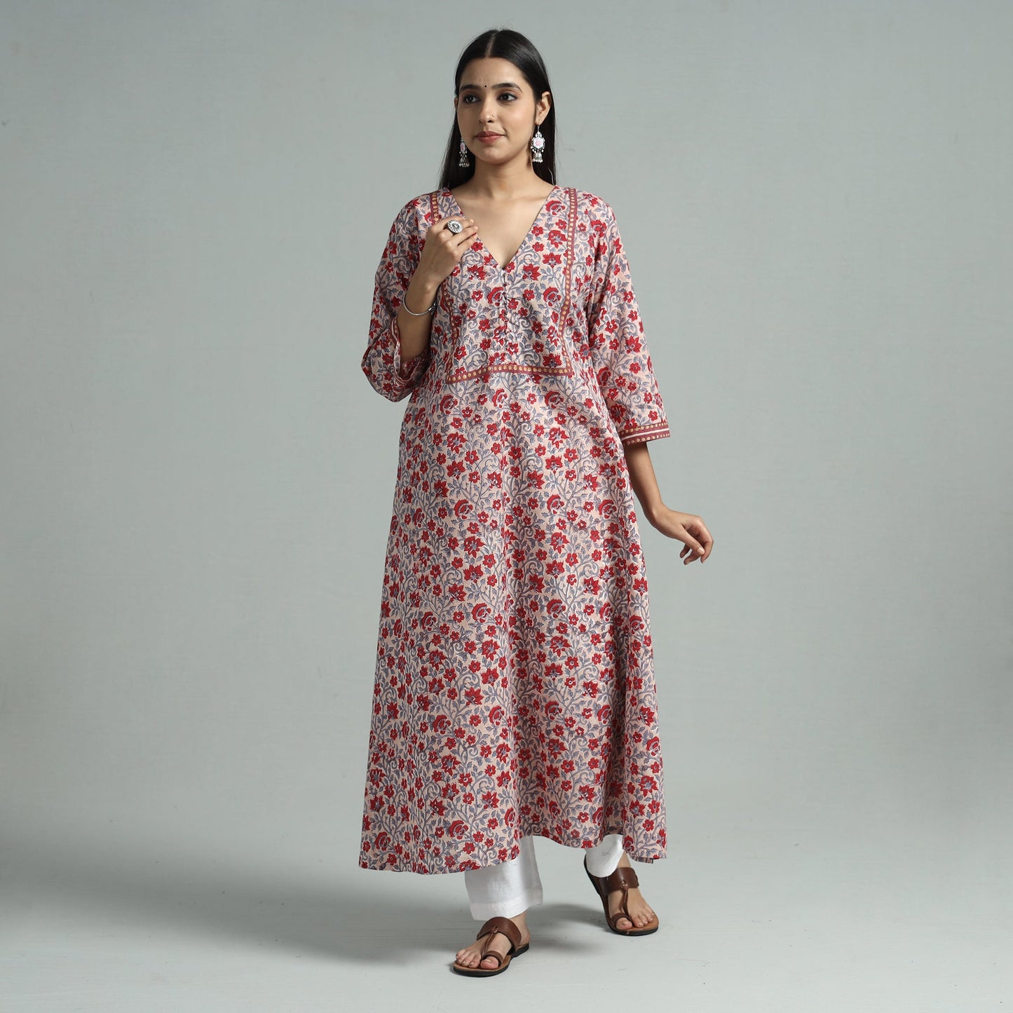 Light pink - sanganeri block printed cotton a-line kurta