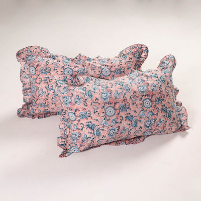 Light pink - set of 2 sanganeri cotton frill pillow covers