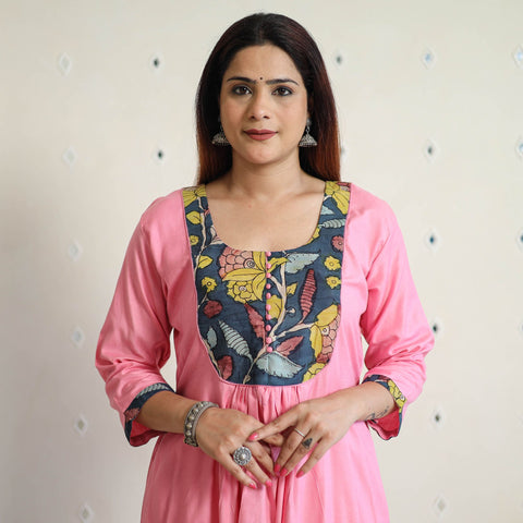 Buy Srikalahasti Kalamkari Patchwork Plain Linen Cotton Long A-Line Kurta 28 Online at iTokri.com