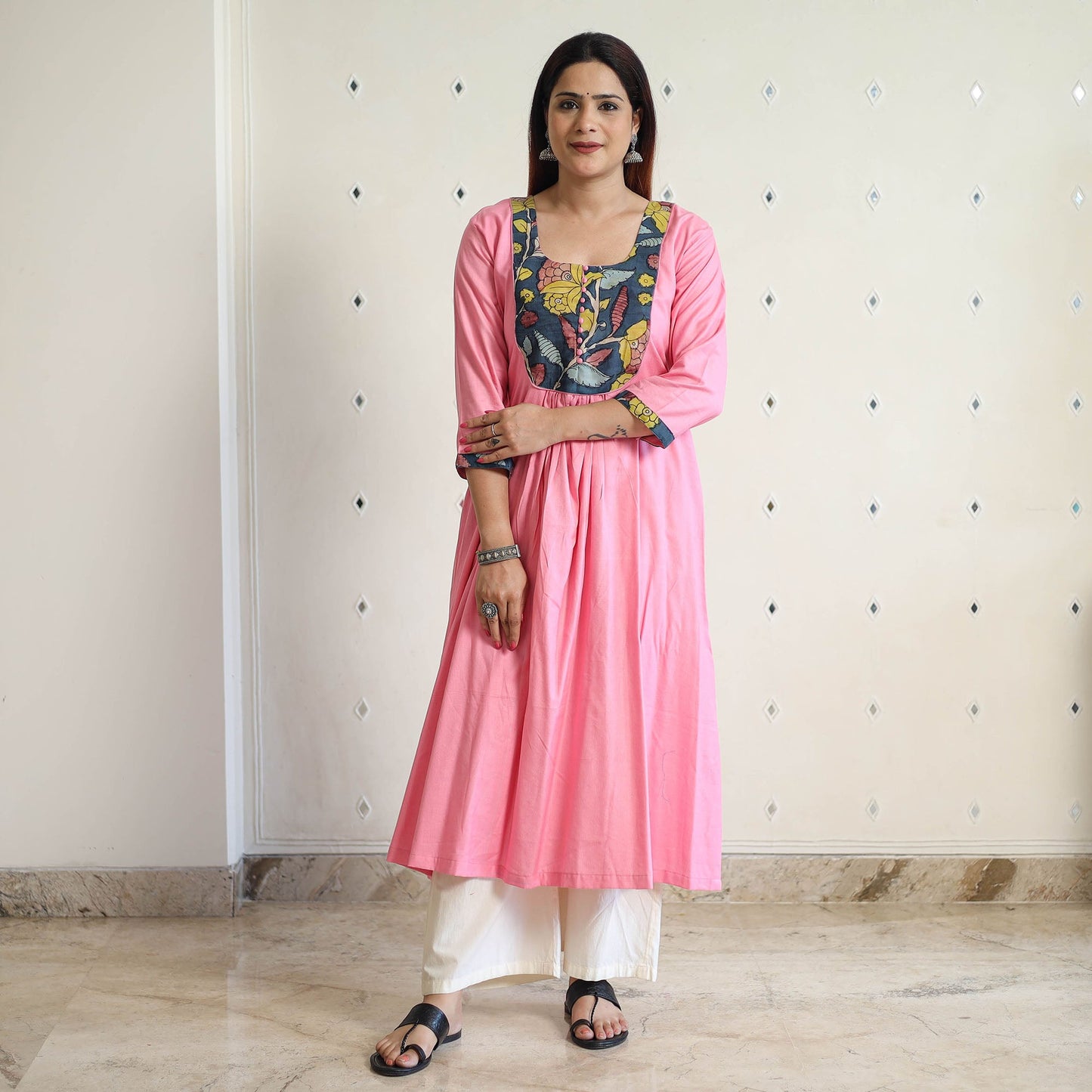 Buy Srikalahasti Kalamkari Patchwork Plain Linen Cotton Long A-Line Kurta 28 Online at iTokri.com