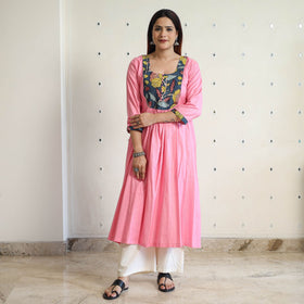 Buy Srikalahasti Kalamkari Patchwork Plain Linen Cotton Long A-Line Kurta 28 Online at iTokri.com