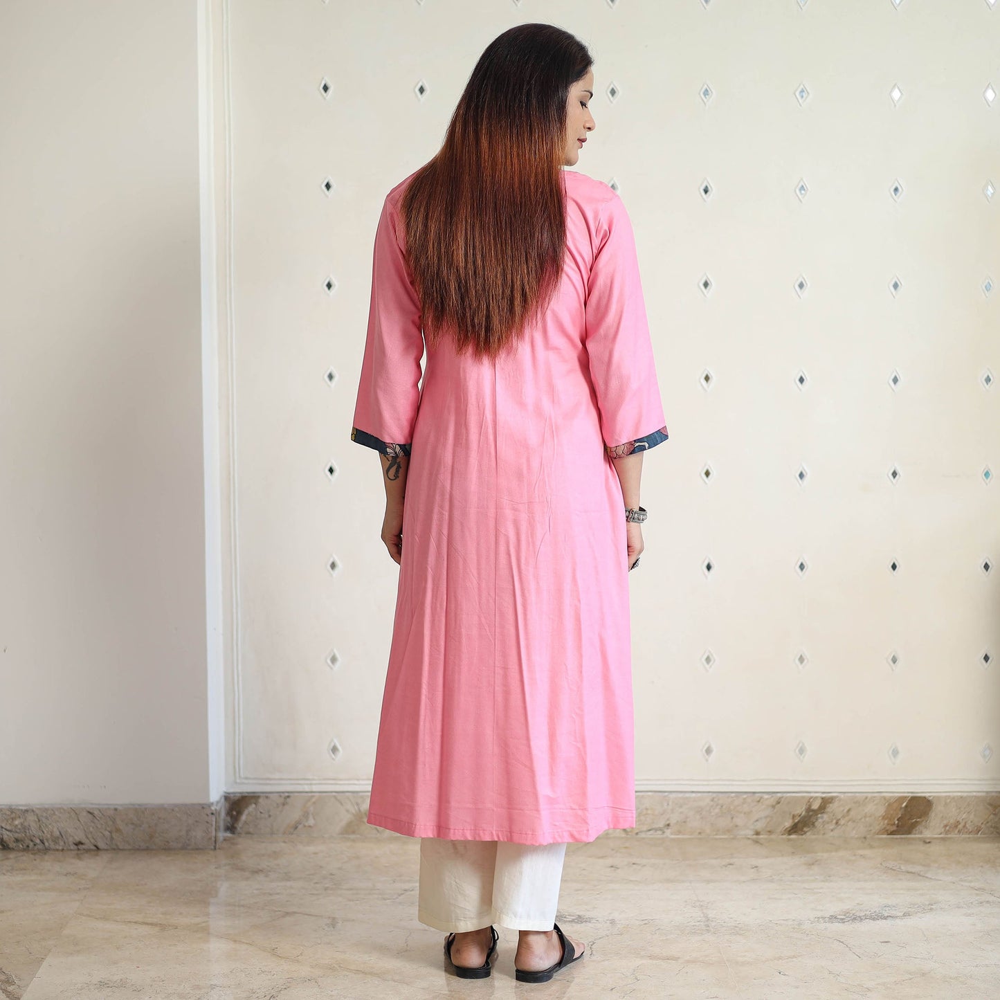 Buy Srikalahasti Kalamkari Patchwork Plain Linen Cotton Long A-Line Kurta 28 Online at iTokri.com