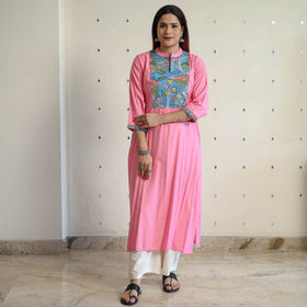 Buy Srikalahasti Kalamkari Patchwork Plain Linen Cotton Long Straight Kurta 29 Online at iTokri.com