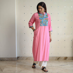 Buy Srikalahasti Kalamkari Patchwork Plain Linen Cotton Long Straight Kurta 29 Online at iTokri.com