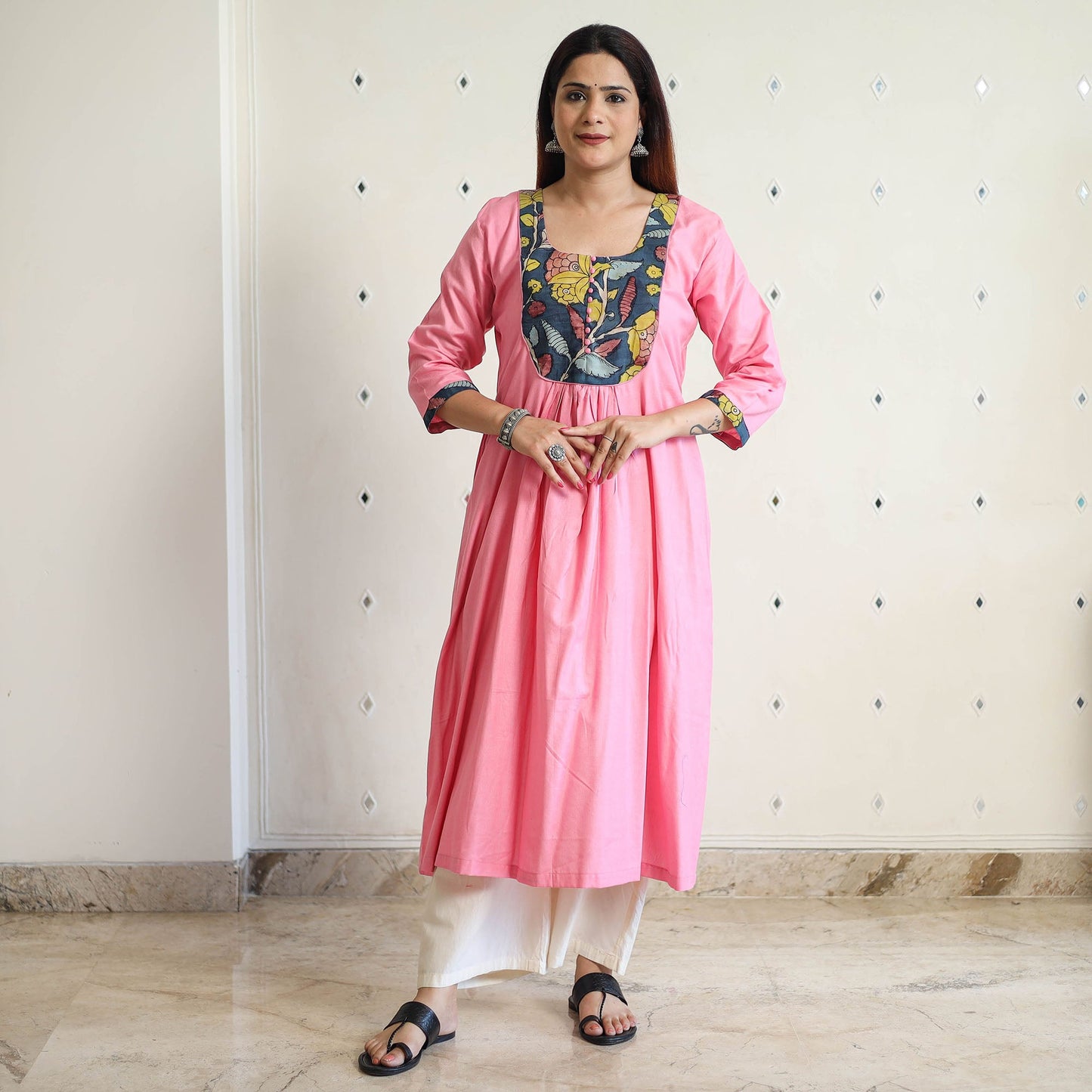 Buy Srikalahasti Kalamkari Patchwork Plain Linen Cotton Long A-Line Kurta 28 Online at iTokri.com